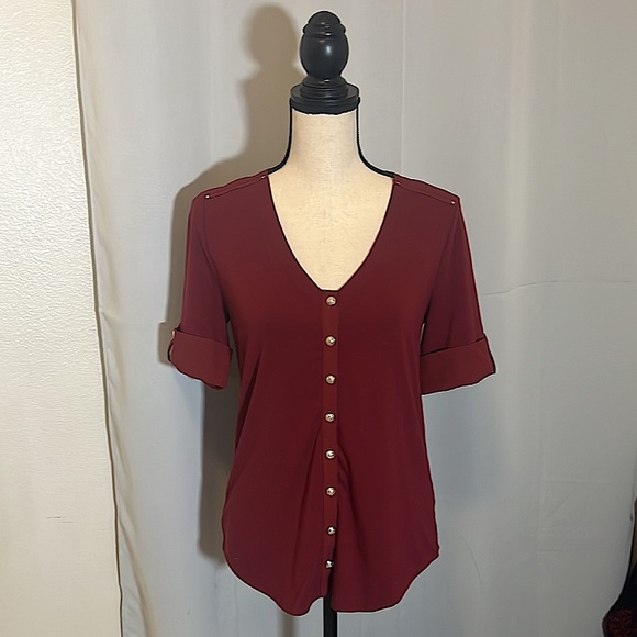 WHITE HOUSE BLACK MARKET BURGUNDY FULL BUTTON UTILITY TEE SMALL - Picture 2 of 12